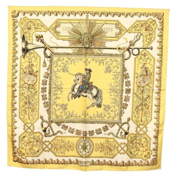 HERMES Carre 90 Scarf ""LVDOVICVS MAGNVS"" Silk Yellow Auth 139496 - Picture 1 of 13